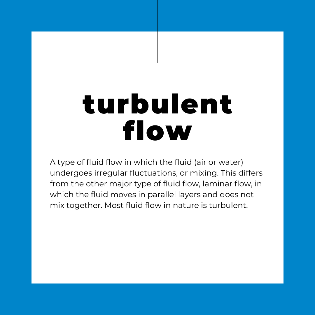 Turbulent flow is a type of fluid flow in which the fluid (air or water) undergoes irregular fluctuations, or mixing. This differs from the other major type of fluid flow, laminar flow, in which the fluid moves in parallel layers and do not mix together. Most fluid flow in nature is turbulent