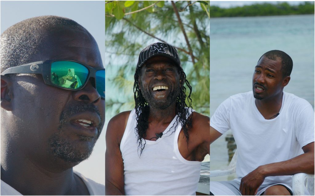 Three Bahamian fishers from Abaco are pictured side by side. Each of them shares their perspective on the impacts of climate change on their fishing practices. On the left, a man in sunglasses with a boat reflection, in the middle, a man smiling under a tree, and on the right, a younger man speaking near the shoreline.