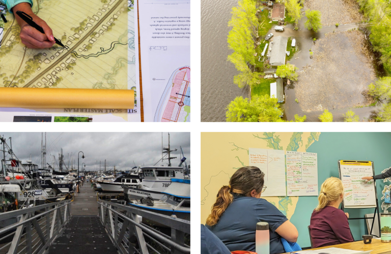 (top left) A hand holding a pen traces a map for determining flood risk; (top right) an aerial view of waterfront property flooding; (bottom left) a walkway to docked fishing boats on the left and right; (bottom right) a person speaking and pointing to a flipchart while other participants listen.