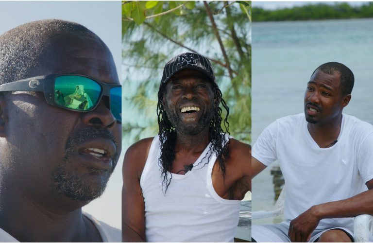 Three Bahamian fishers from Abaco are pictured side by side. Each of them shares their perspective on the impacts of climate change on their fishing practices. On the left, a man in sunglasses with a boat reflection, in the middle, a man smiling under a tree, and on the right, a younger man speaking near the shoreline.