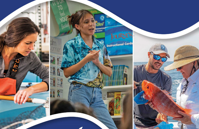 Images of Sea Grant's work in research, education and extension provided by (from left to right) Wisconsin, Guam and Florida Sea Grant programs. Design by Hallee Meltzer | National Sea Grant Office.